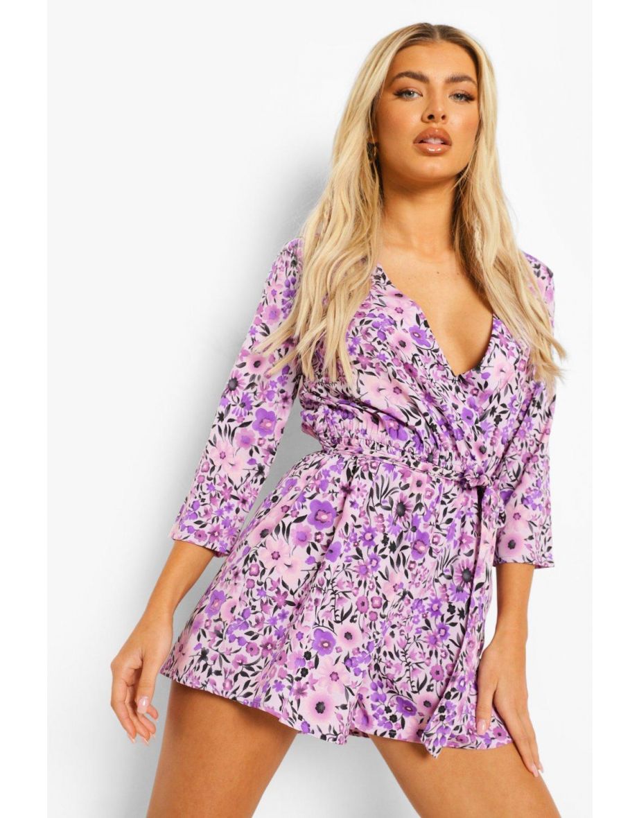Ditsy Floral Wrap Front Belted Playsuit - lilac