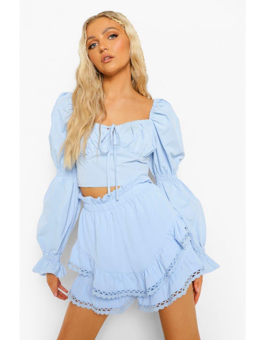 Double Frill Lace Trim Shorts - baby blue