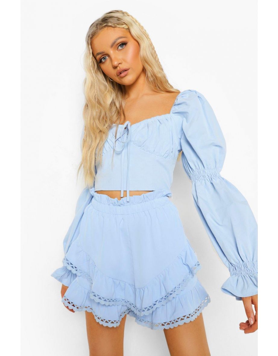 Double Frill Lace Trim Shorts - baby blue - 3