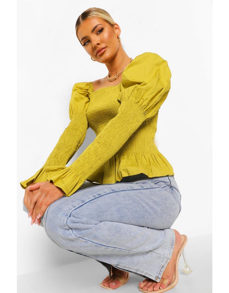 Woven Shirred Square Neck Top - chartreuse