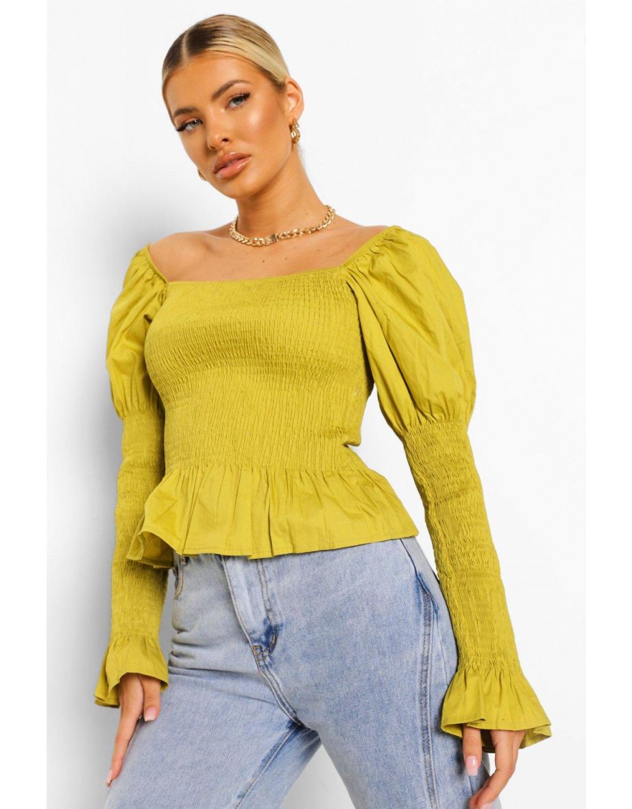 Woven Shirred Square Neck Top - chartreuse - 3