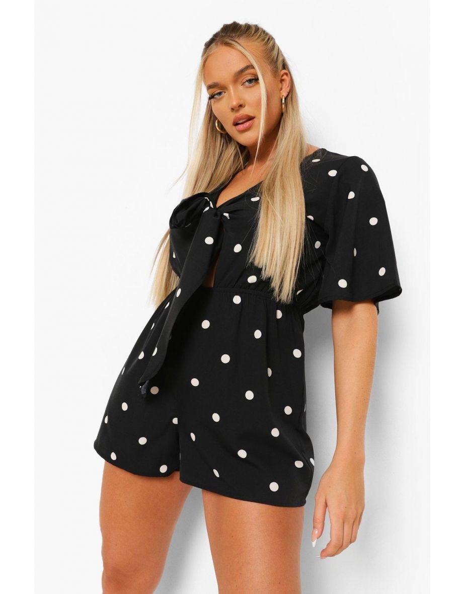 Polka Dot V Neck Tie Front Playsuit - black