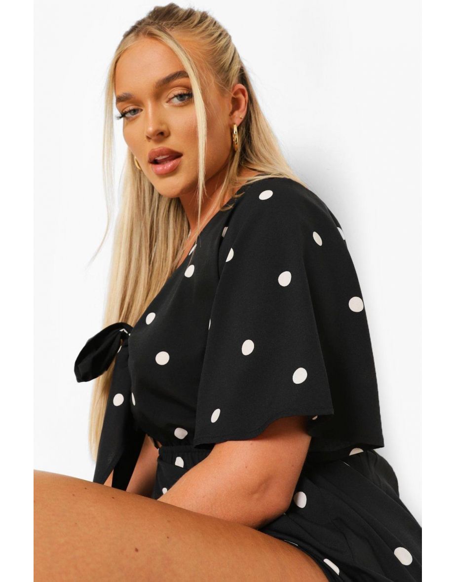Polka Dot V Neck Tie Front Playsuit - black - 3