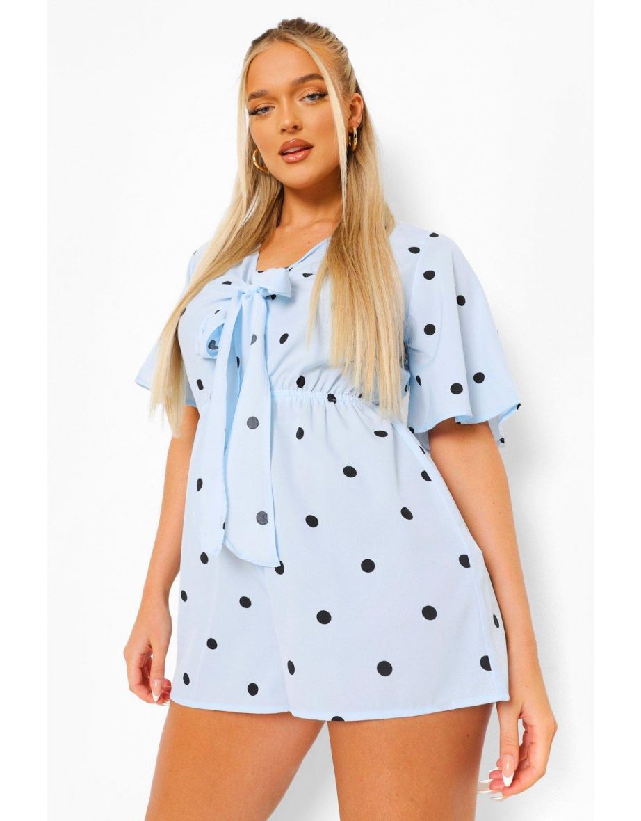 Polka Dot V Neck Tie Front Playsuit - blue - 3