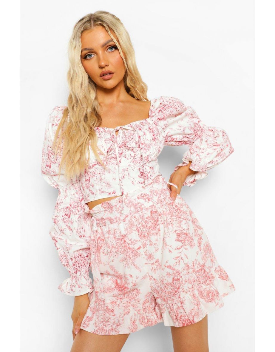 Porcelain Print Belted Shorts - red - 3
