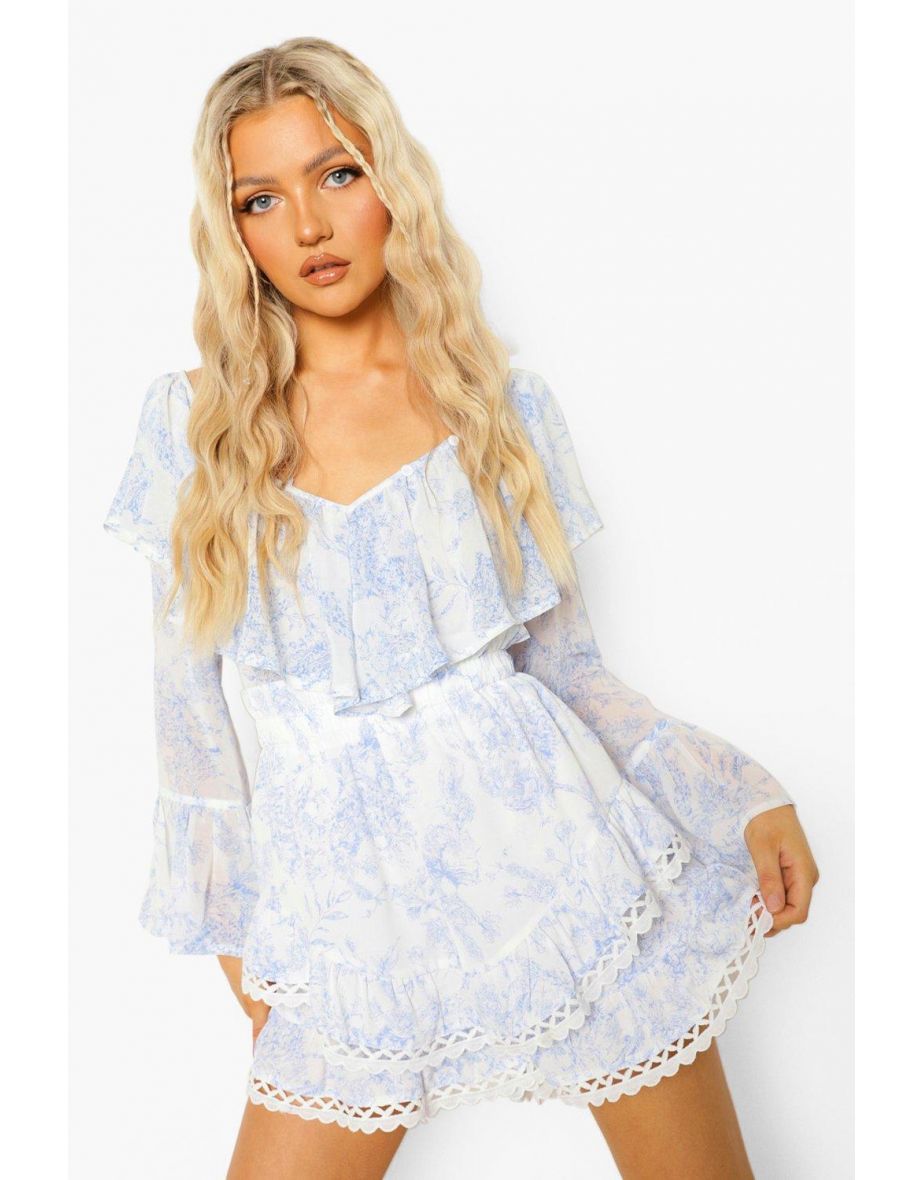Porcelain Print Double Frill Shorts - blue - 3