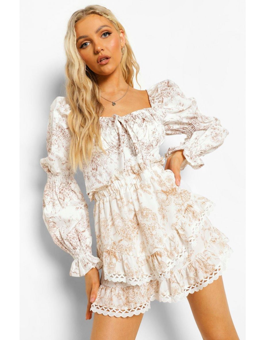 Porcelain Print Double Frill Shorts - stone