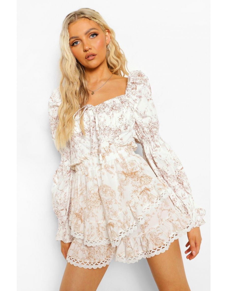 Porcelain Print Double Frill Shorts - stone - 3
