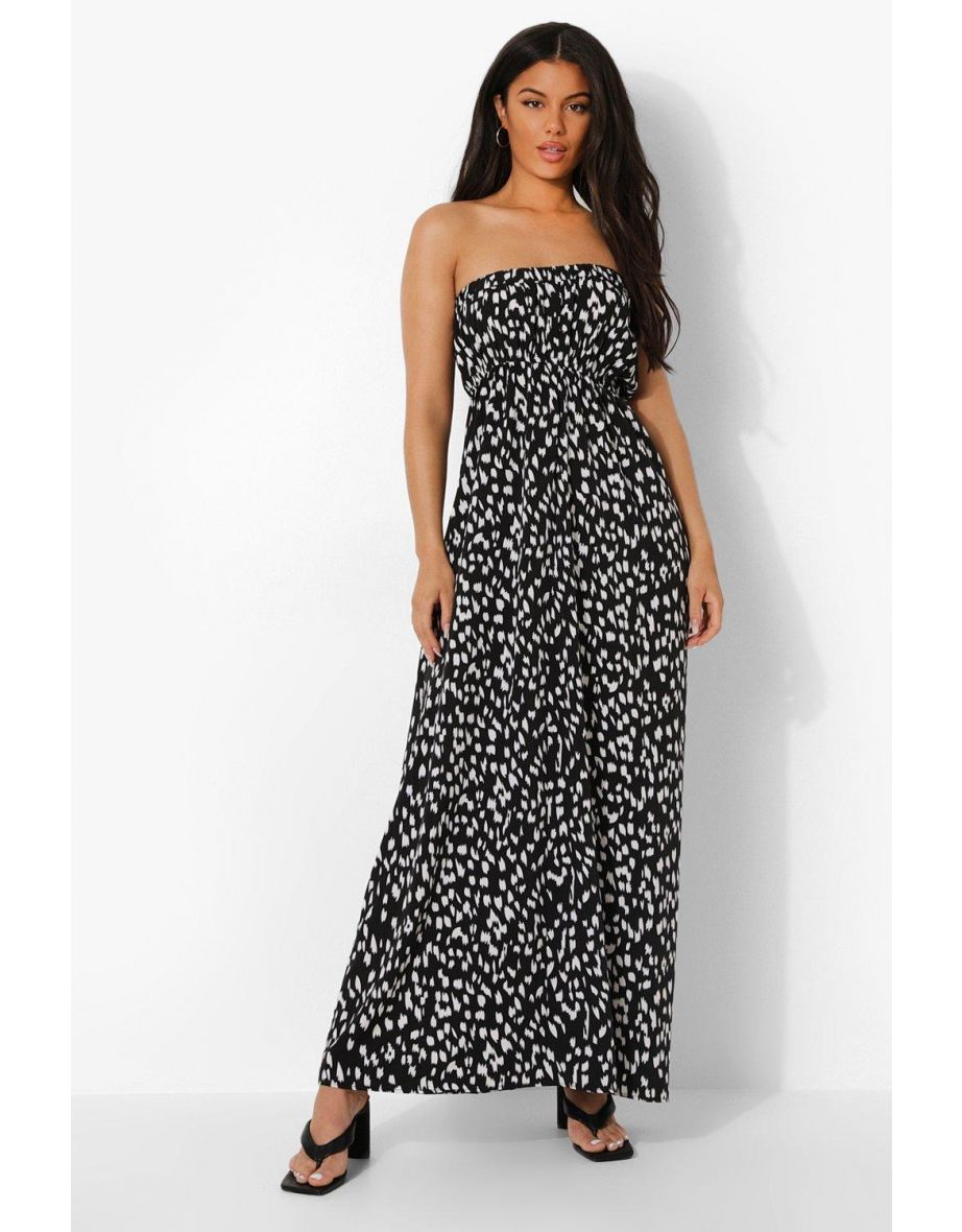 Leopard Bandeau Ruffle Maxi Dress - black