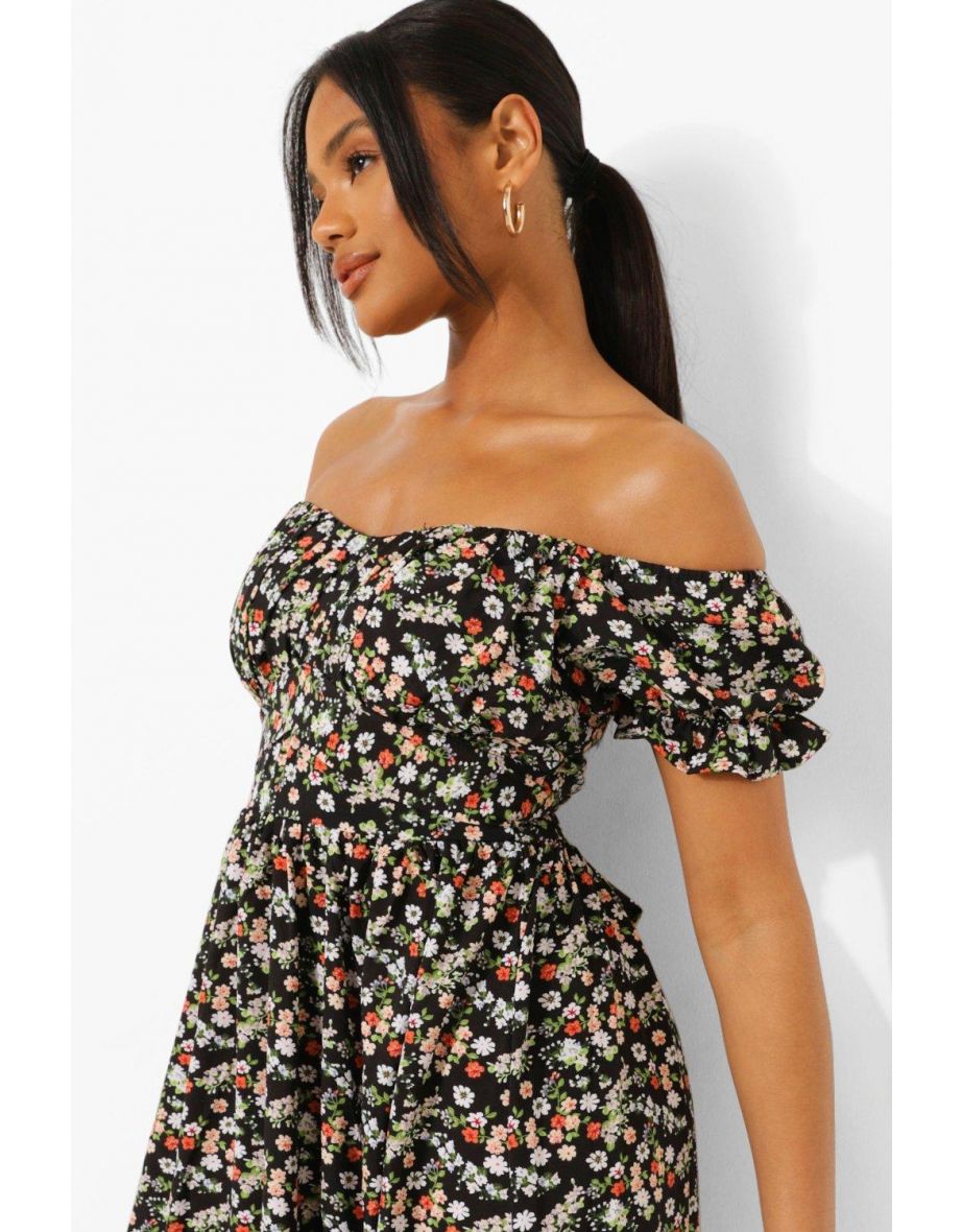 Floral Bardot Shirred Bust Split Maxi Dress - black - 3