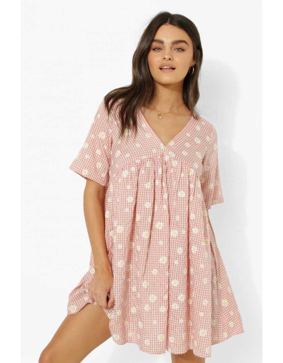 Gingham Daisy V Neck Smock Dress - pink