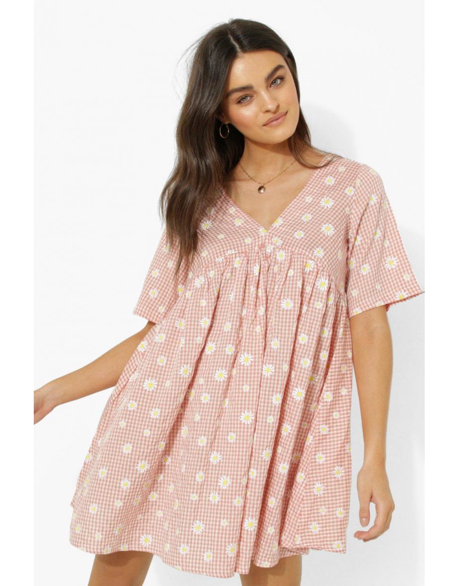 Gingham Daisy V Neck Smock Dress - pink - 3