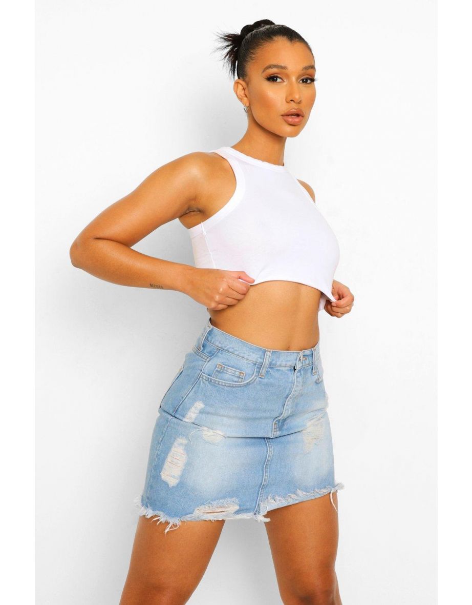 Asymmetric Distressed Denim Mini Skirt - light blue