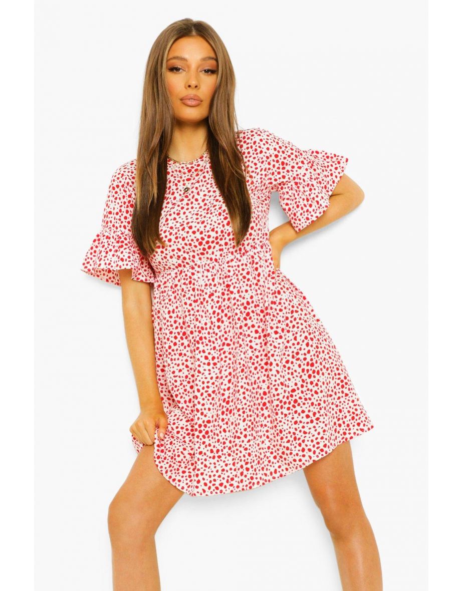 Woven Dalmatian Print Smock Dress - red