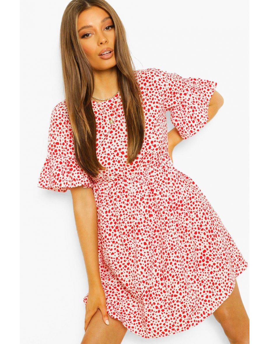 Woven Dalmatian Print Smock Dress - red - 3