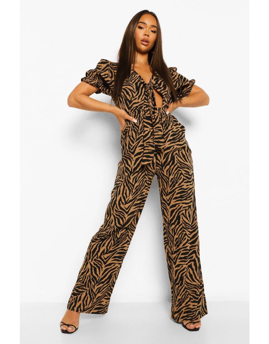 Zebra Front Knotting Jumpsuit - brown