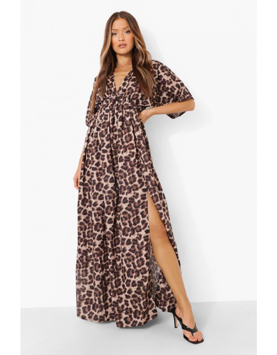 Leopard Plunge Side Split Maxi Dress - brown
