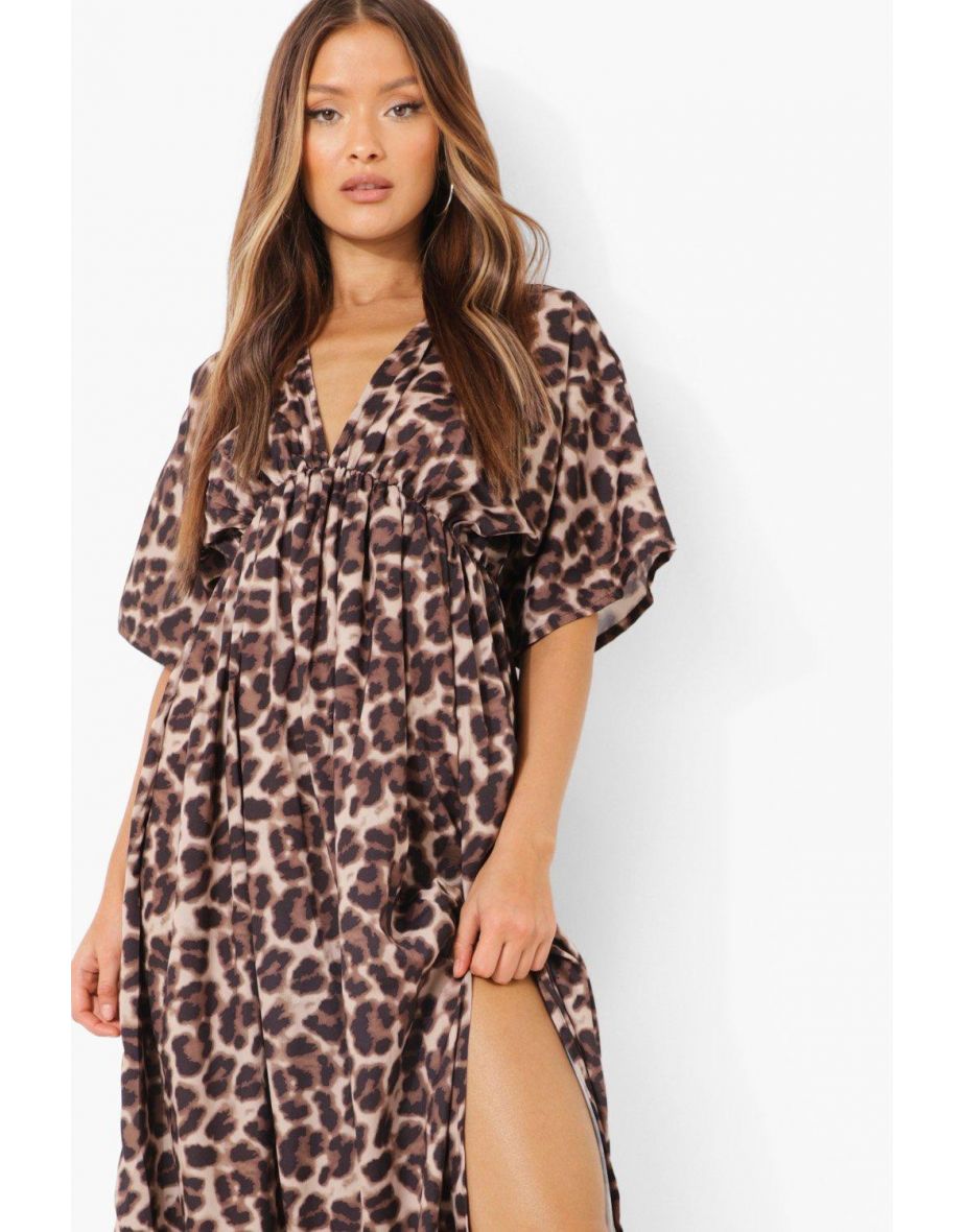 Leopard Plunge Side Split Maxi Dress - brown - 3