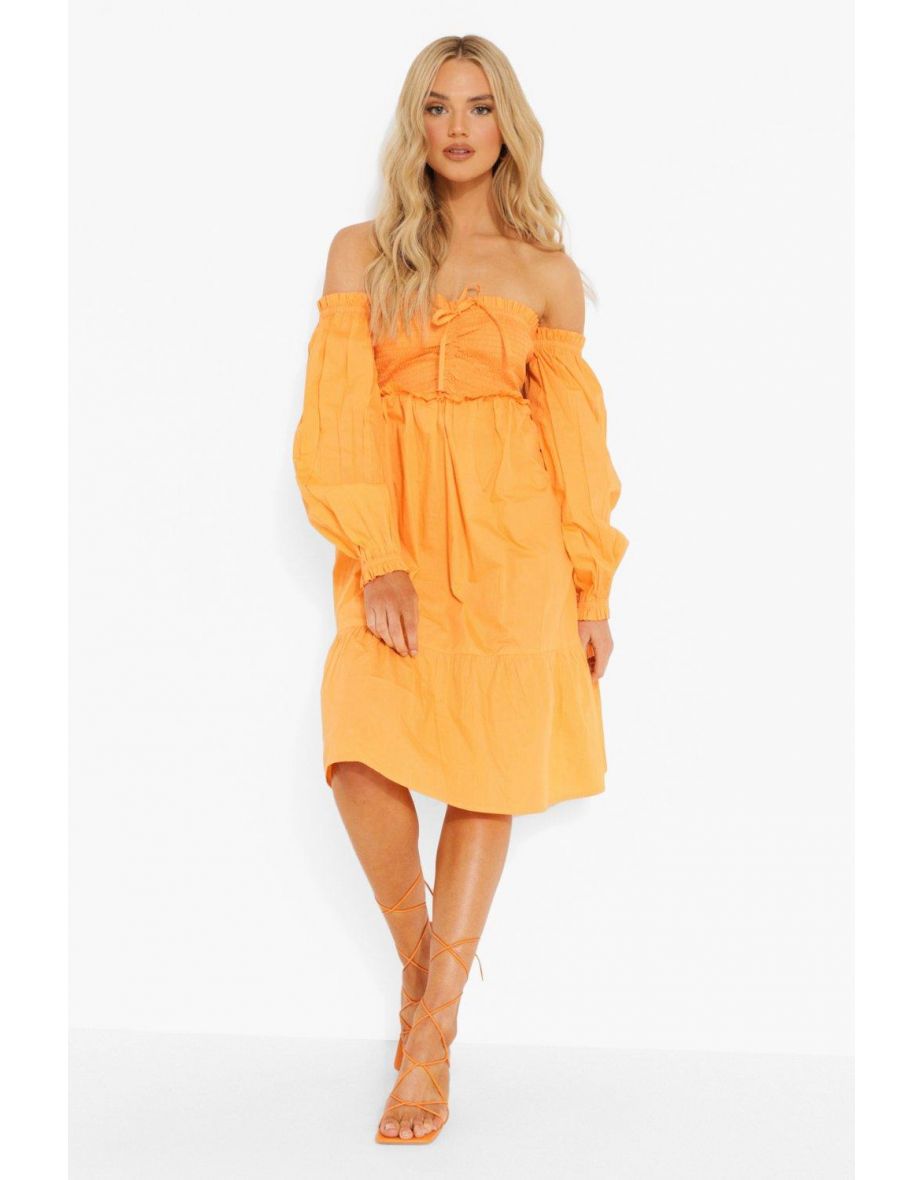 Square Neck Shirred Midi Smock Dress - orange
