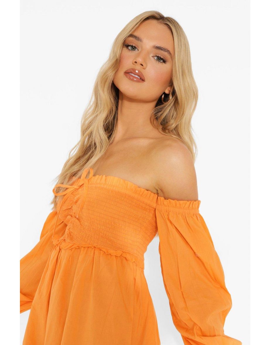 Square Neck Shirred Midi Smock Dress - orange - 3