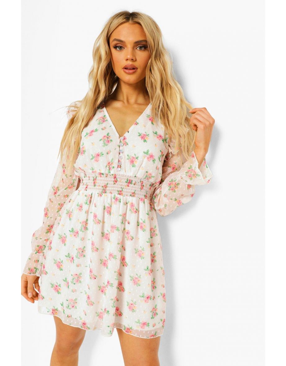 Floral Dobby Shirred Skater Dress - white