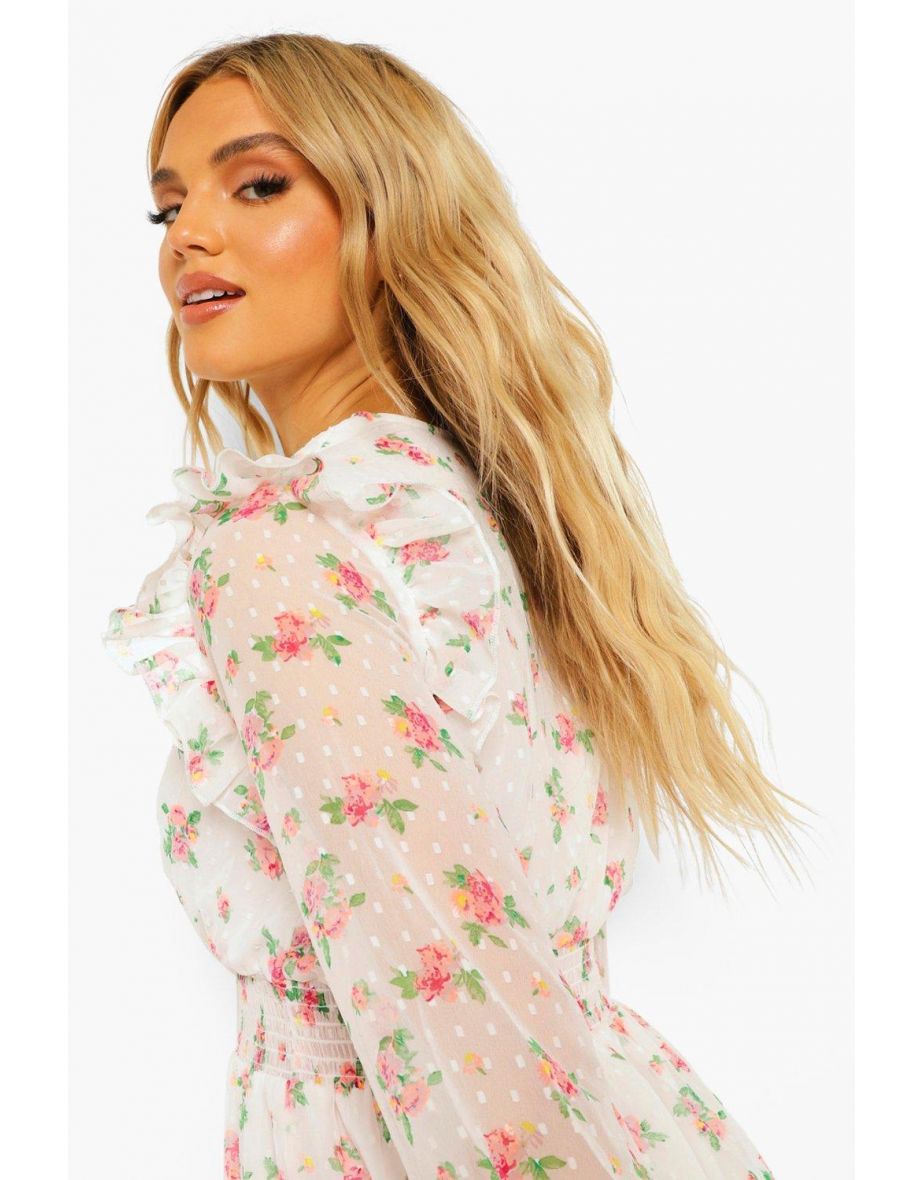 Floral Dobby Shirred Skater Dress - white - 3
