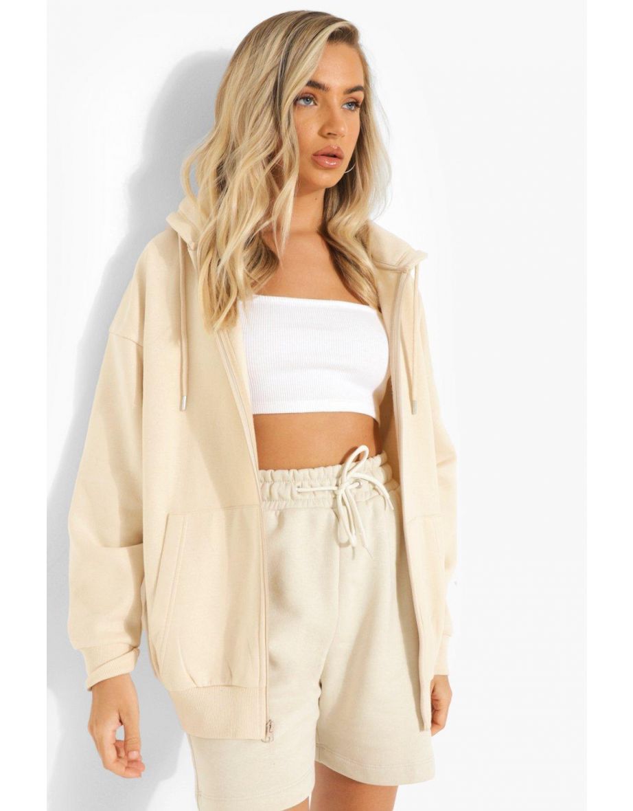 Recycled Oversized Zip Through Hoodie - stone