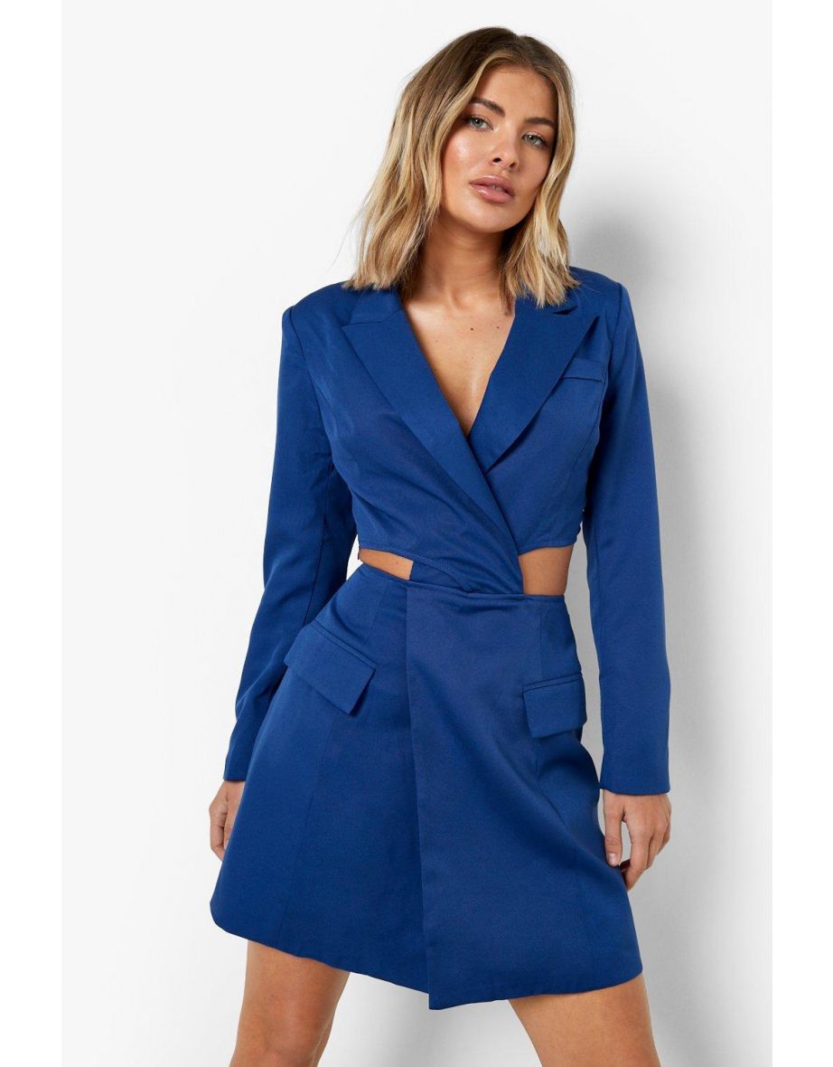 Twist Cut Out Pocket Detail Blazer Dress - cobalt