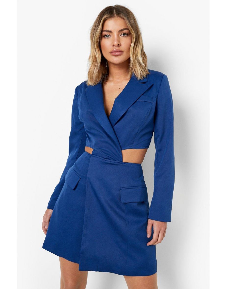 Twist Cut Out Pocket Detail Blazer Dress - cobalt - 3