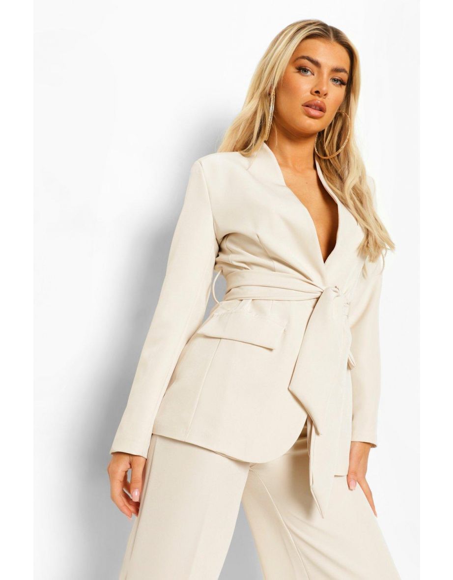 Tie Waist Longline Blazer - stone