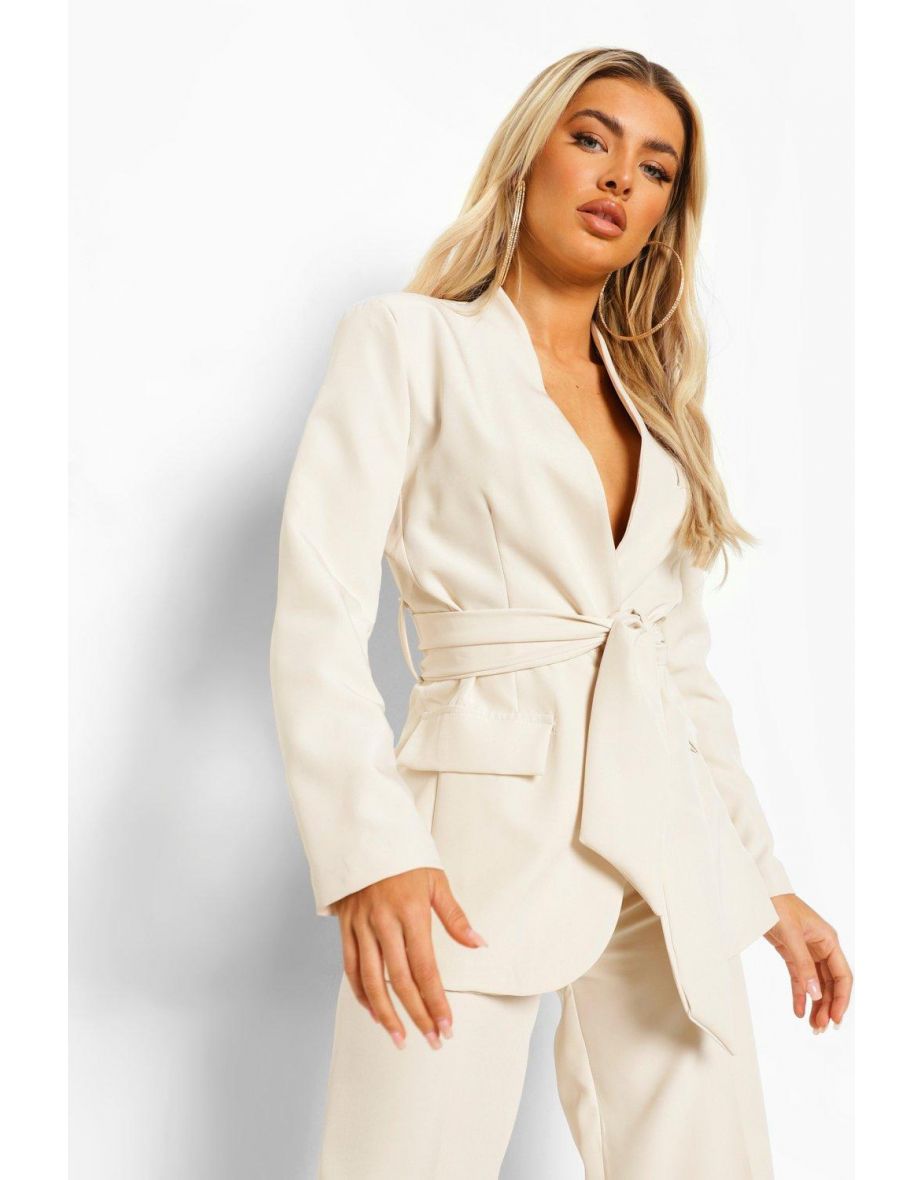 Tie Waist Longline Blazer - stone - 3
