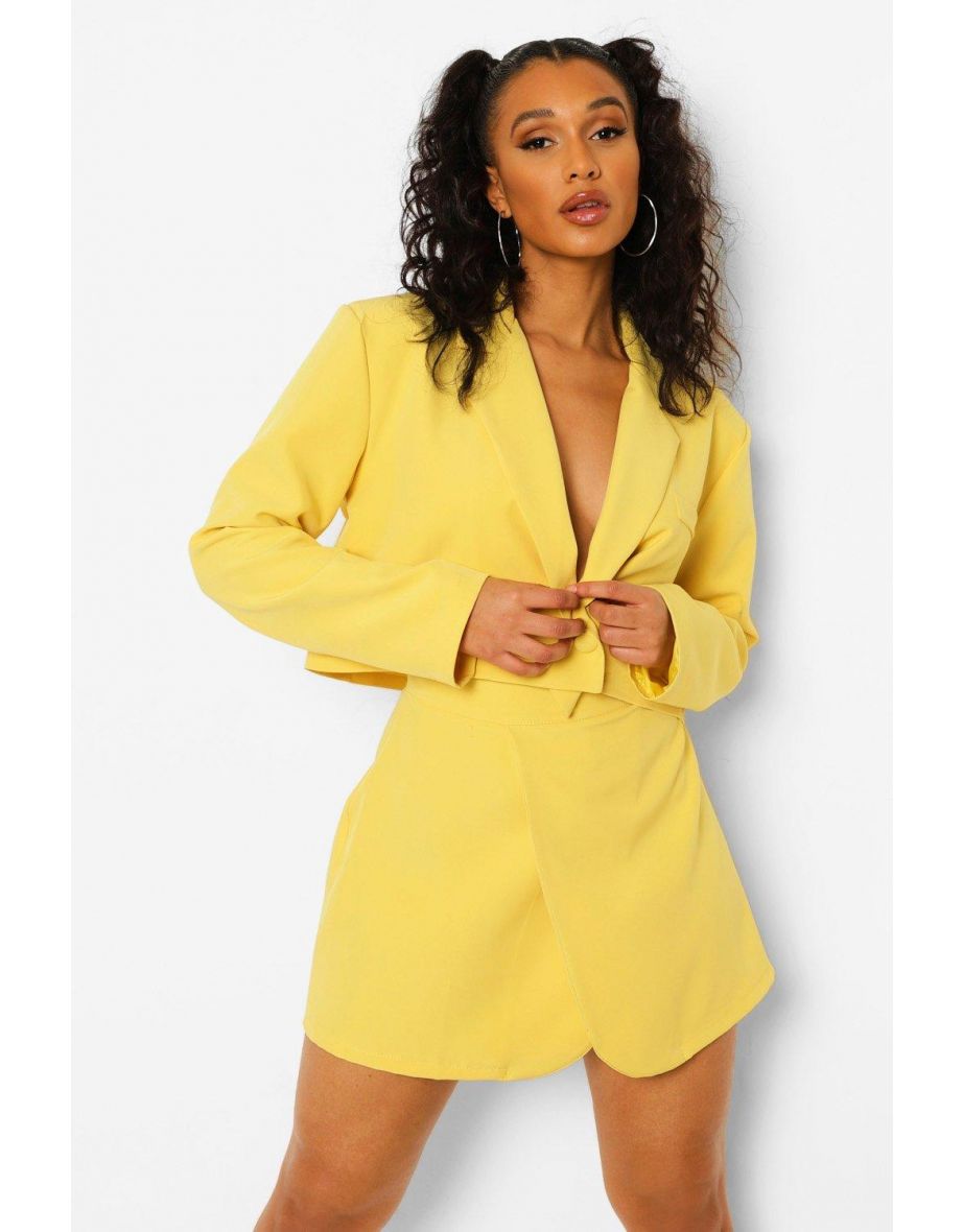 Wrap Front Tailored Cropped Blazer - yellow - 3