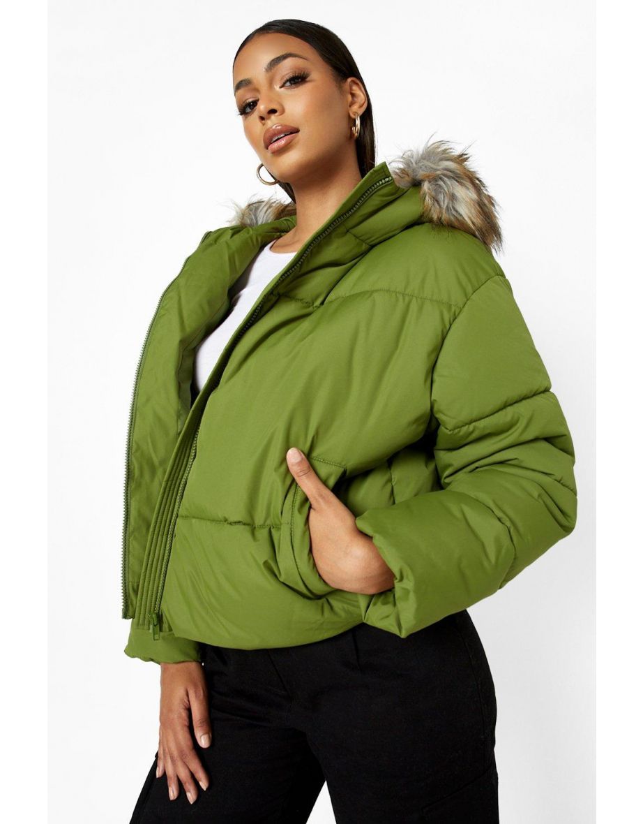 Recycled Faux Fur Trim Hooded Puffer Jacket - khaki