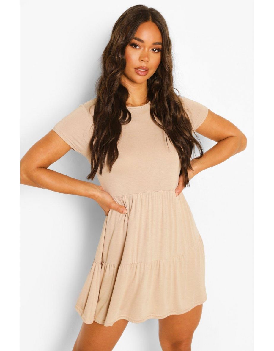 Short Sleeve Drop Hem Smock Dress - stone - 3