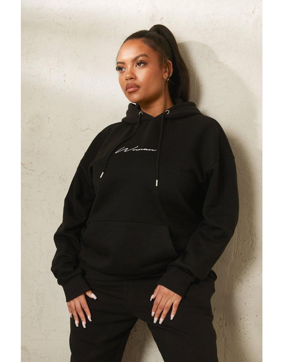 Recycled Plus Embroidered Woman Script Hoody - black