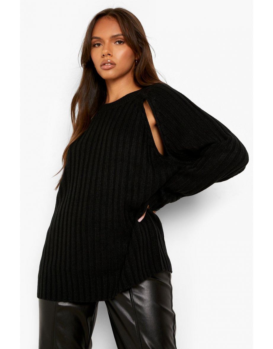 Cut Out Sleeve Detail Rib Knitted Jumper - black