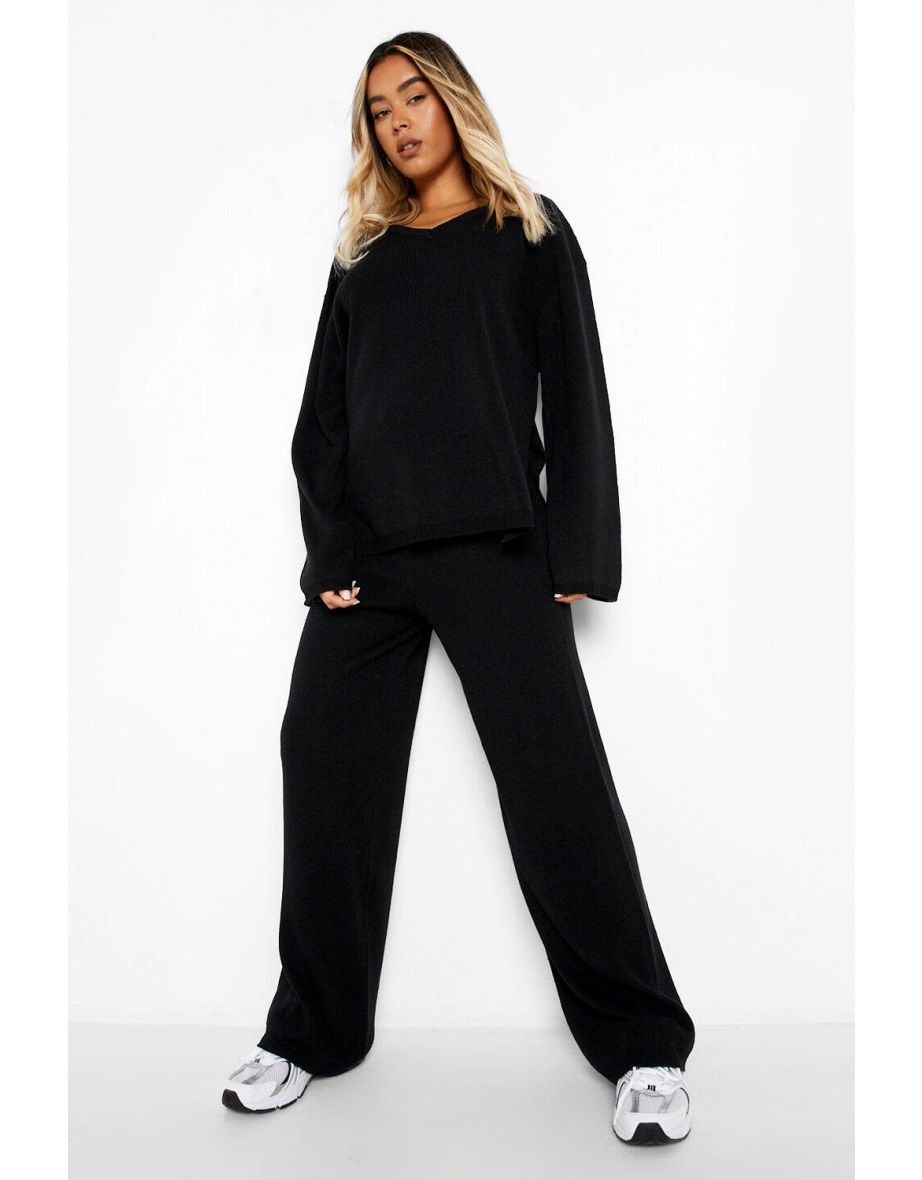 V Neck Wide Leg Knitted Co-ord - black