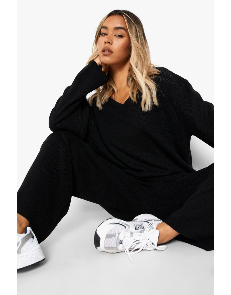 V Neck Wide Leg Knitted Co-ord - black - 3