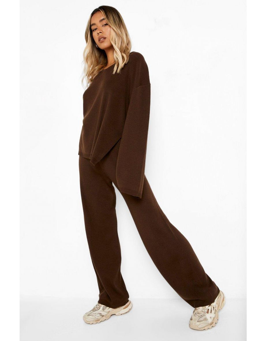 V Neck Wide Leg Knitted Co-ord - chocolate