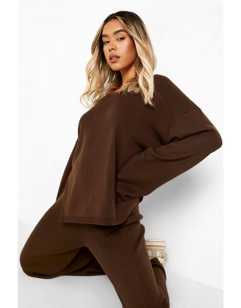 V Neck Wide Leg Knitted Co-ord - chocolate - 3