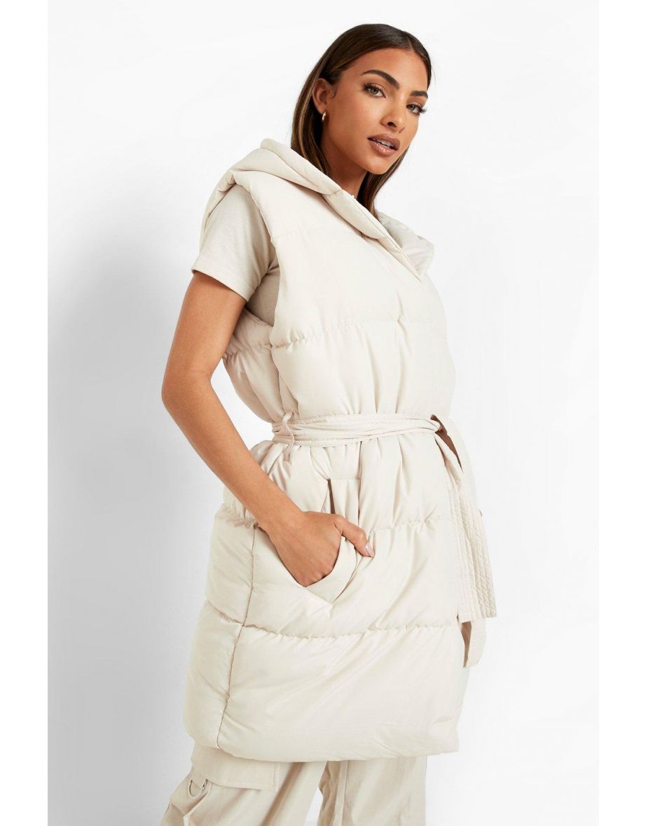 Belted Longline Puffer Gilet - cream