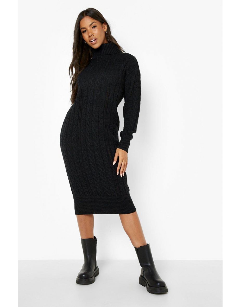 Cable Knit Roll Neck Midi Dress - black