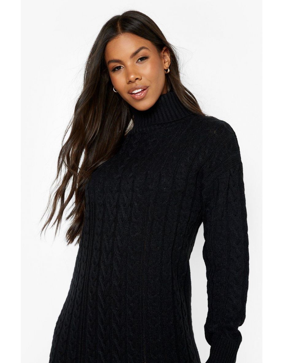 Cable Knit Roll Neck Midi Dress - black - 3