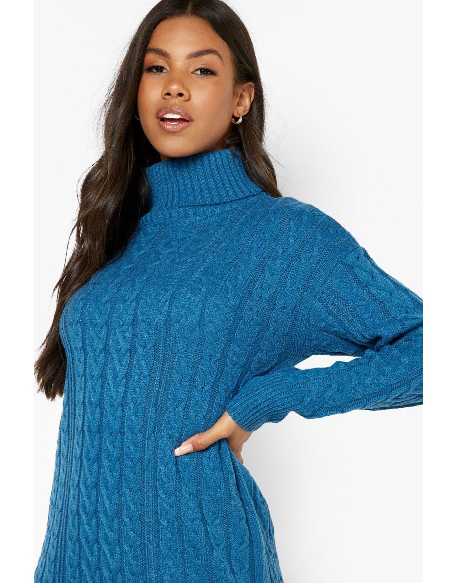 Cable Knit Roll Neck Midi Dress - teal - 3
