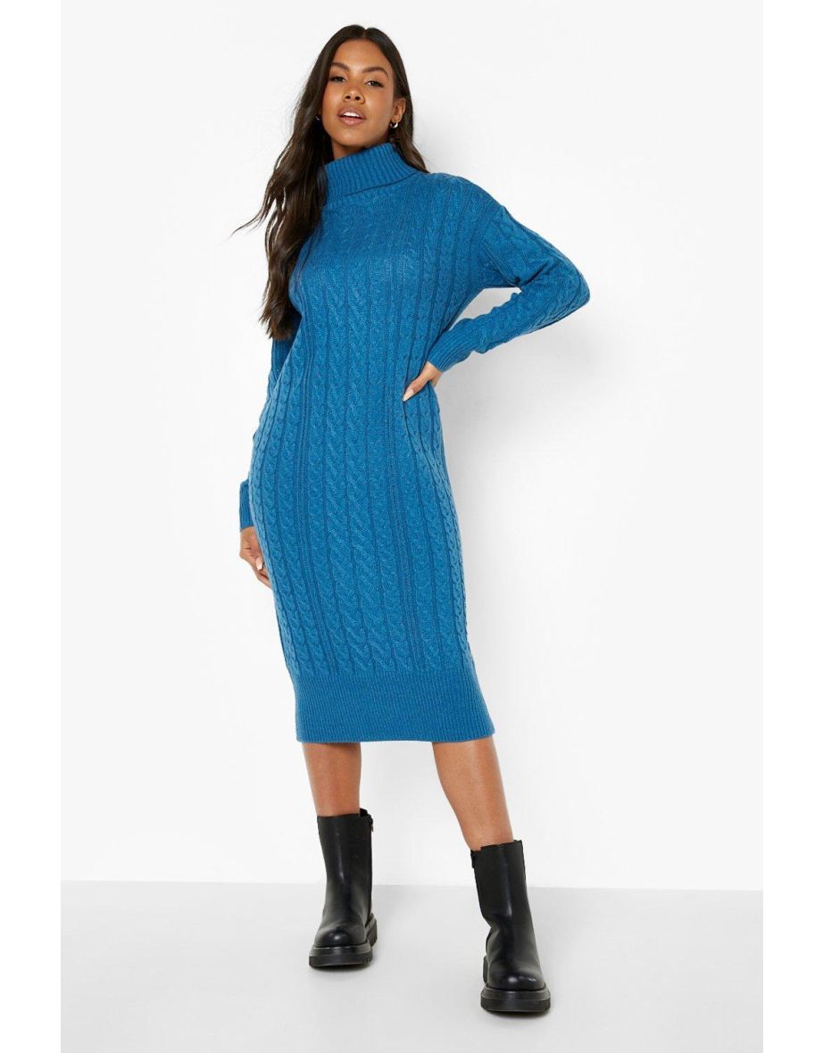 Cable Knit Roll Neck Midi Dress - teal