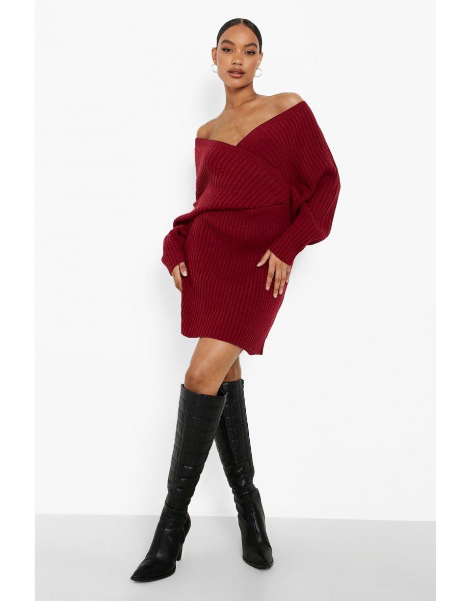 Shop Off The Shoulder Rib Knit Jumper Dress dark red Online in Qatar VogaCloset