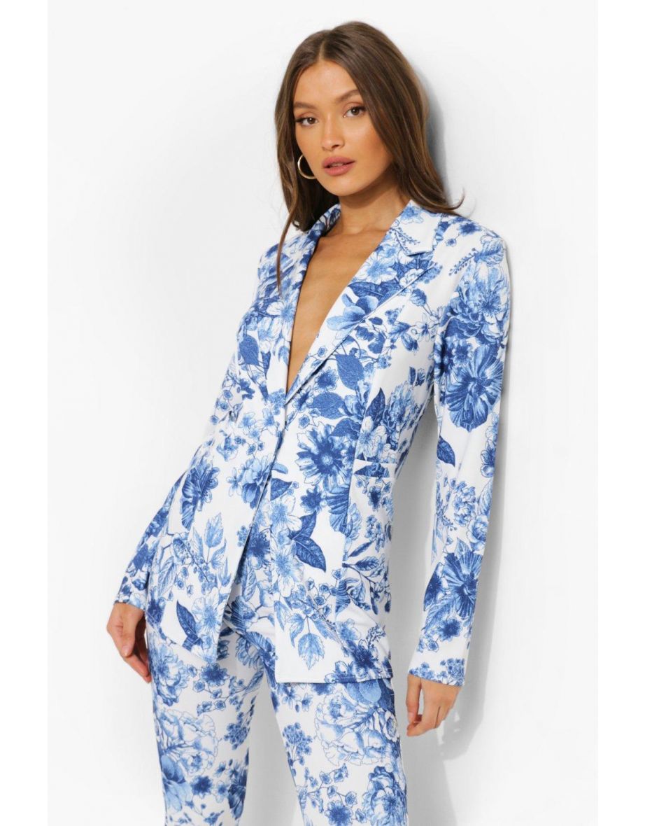 Floral Print Plunge Blazer - royal