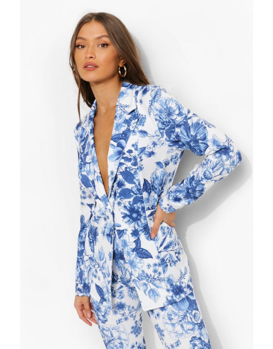 Floral Print Plunge Blazer - royal - 3