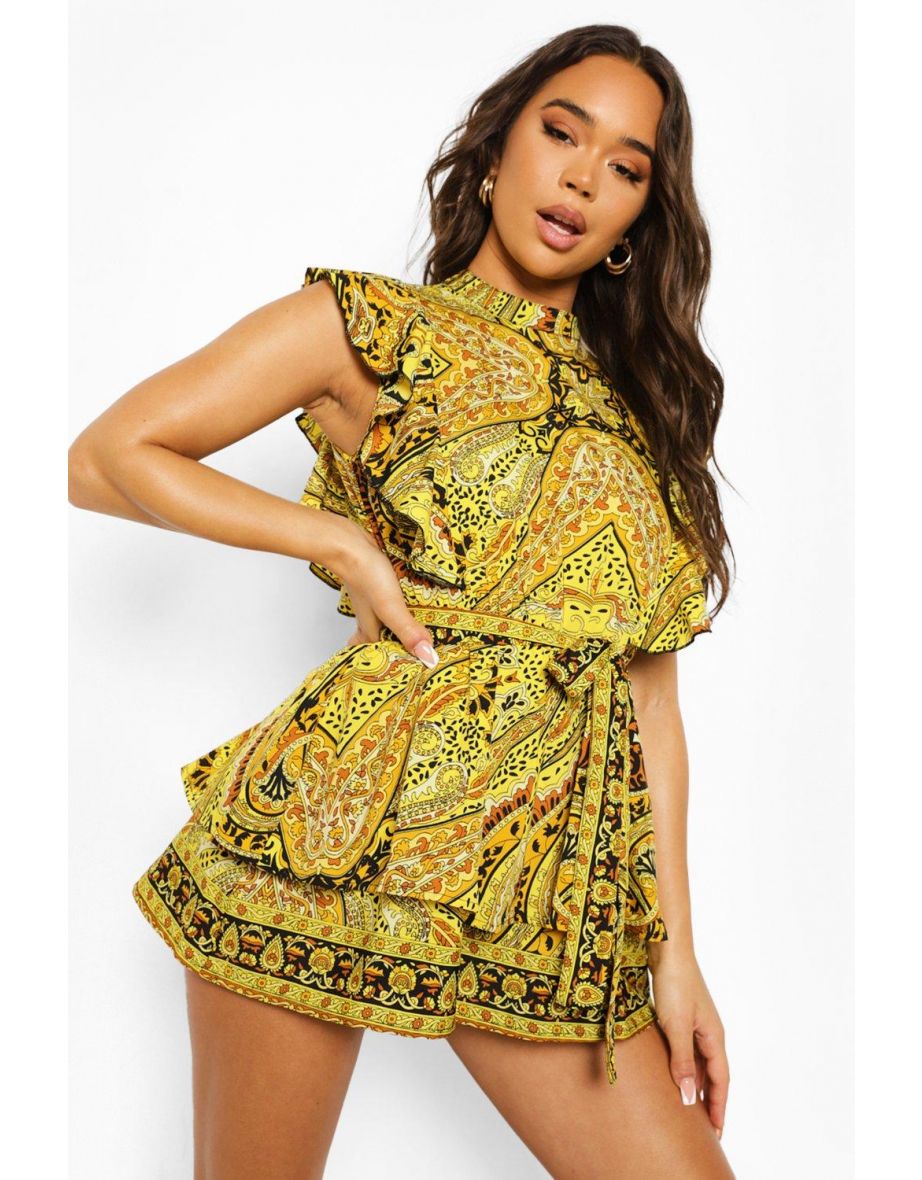 Abstract Ruffle Belted Playsuit - yellow