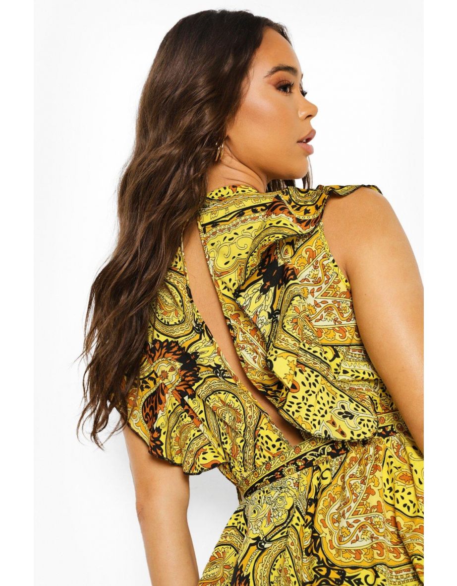 Abstract Ruffle Belted Playsuit - yellow - 3